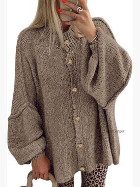 Oversized Chunky Knit Cardigan Lantern Sleeve Button Front Loose Fit